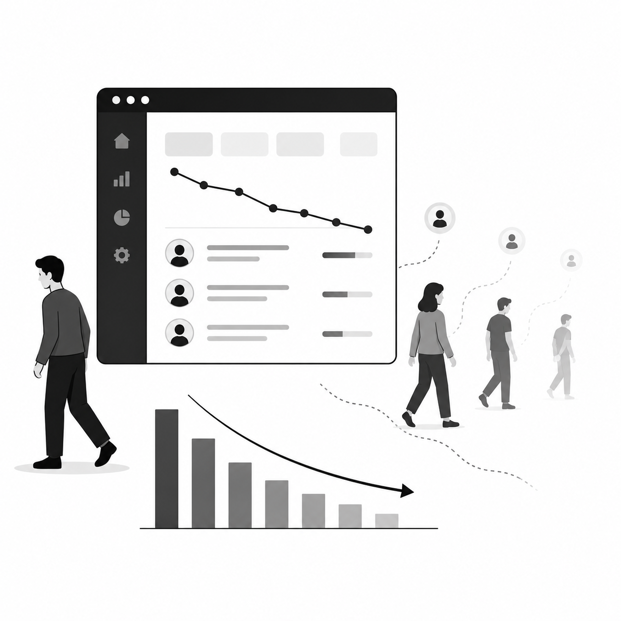 Product dashboard with users progressively drifting away and a steadily declining retention chart across several months Product dashboard with users progressively drifting away and a steadily declining retention chart across several months