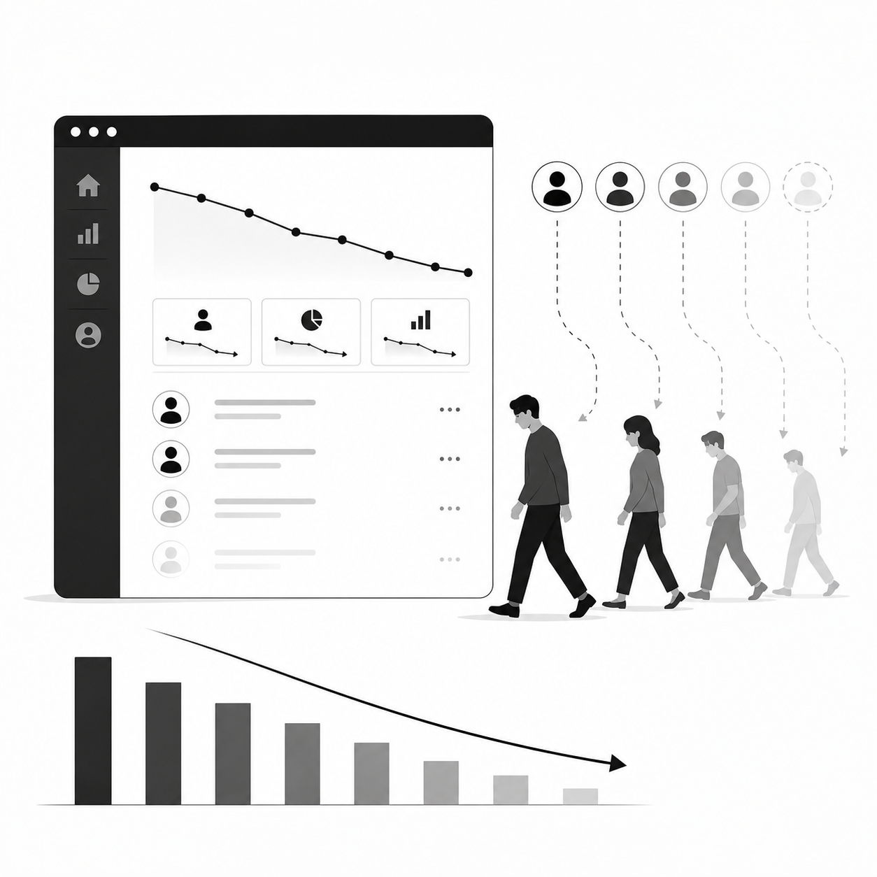 App dashboard with users walking away and a sharply declining bar chart, illustrating rising churn from ignored feedback App dashboard with users walking away and a sharply declining bar chart, illustrating rising churn from ignored feedback