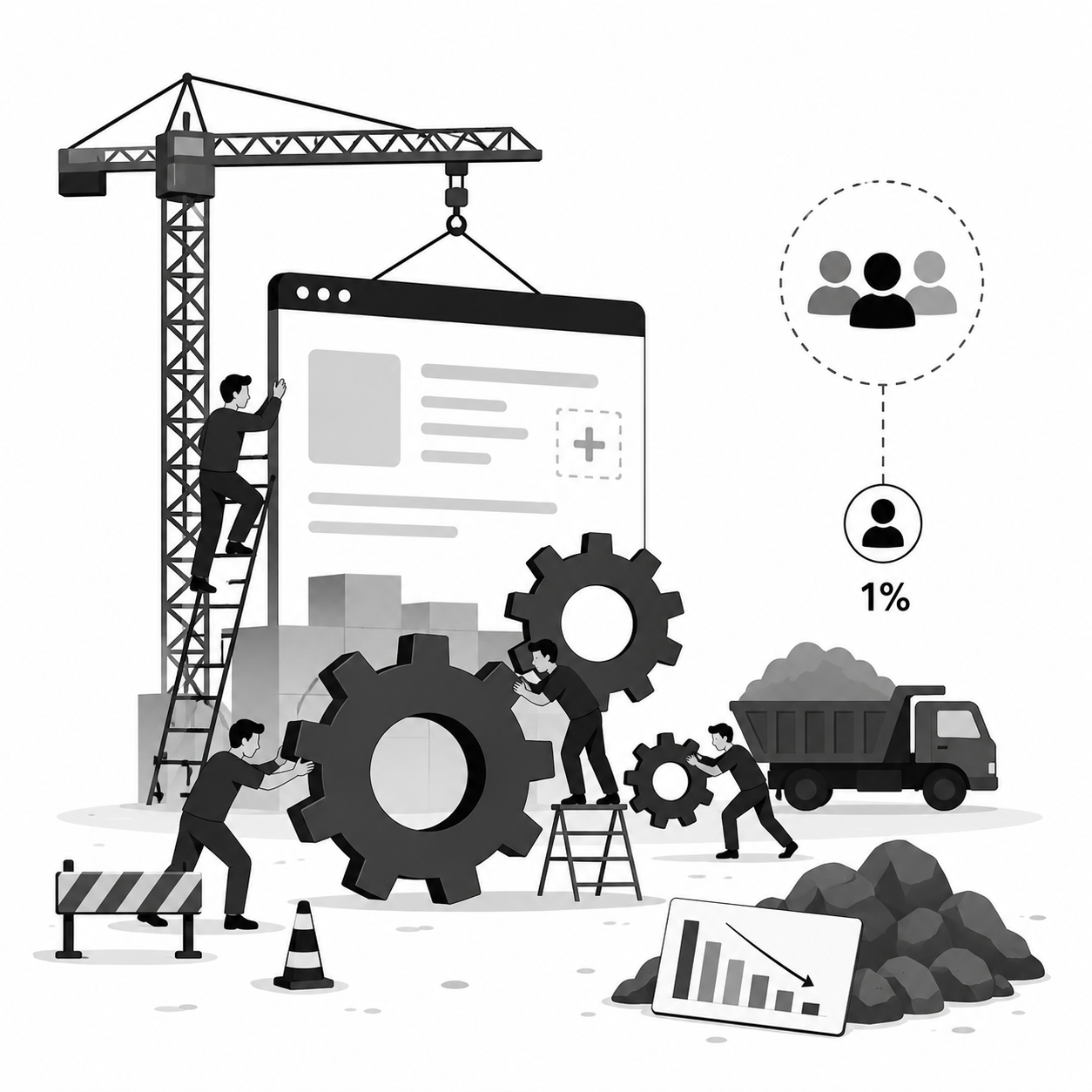 Construction crane and gears building a product feature with a 1% adoption rate indicator and declining chart Construction crane and gears building a product feature with a 1% adoption rate indicator and declining chart