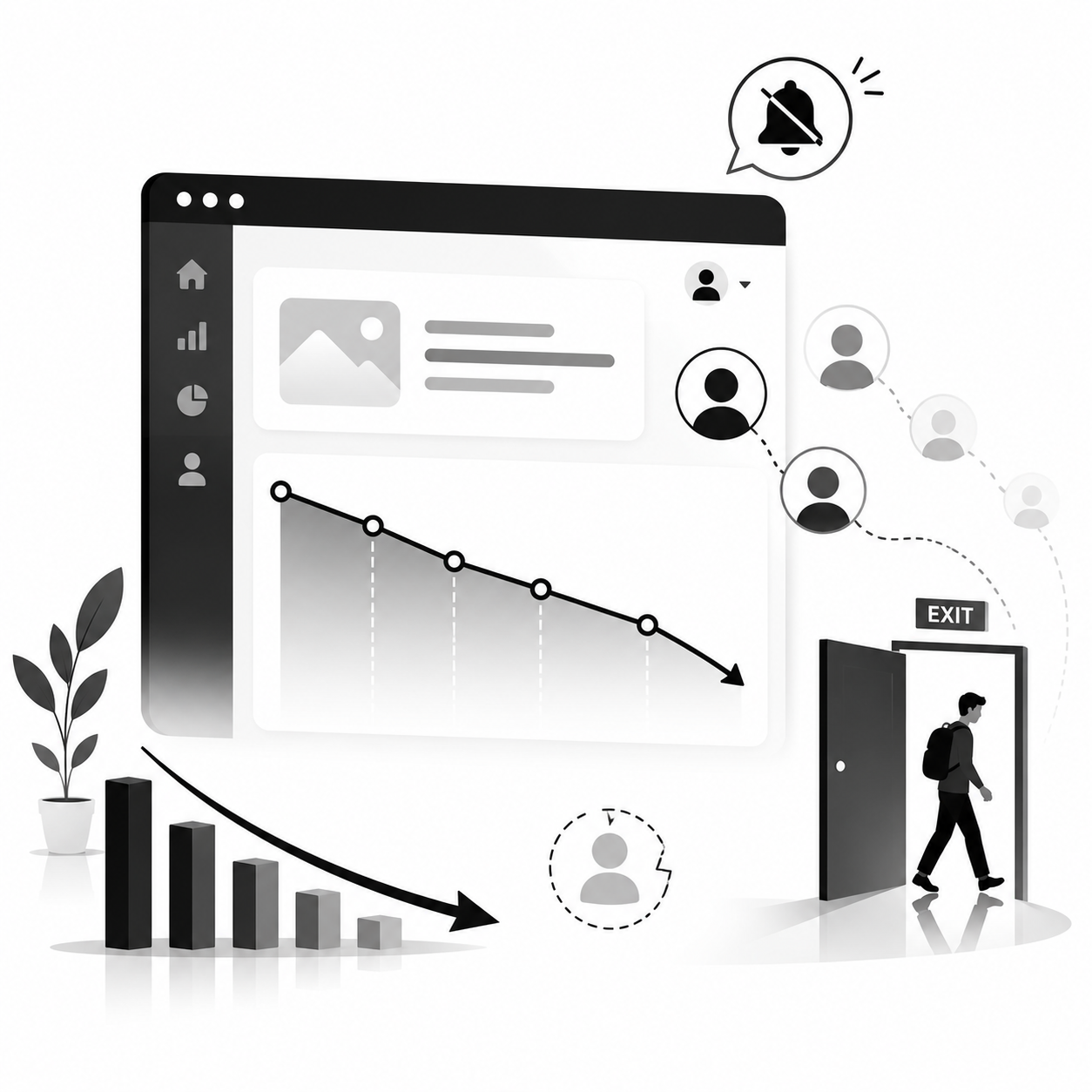User walking through an EXIT door away from a product dashboard, with declining charts showing silent churn User walking through an EXIT door away from a product dashboard, with declining charts showing silent churn