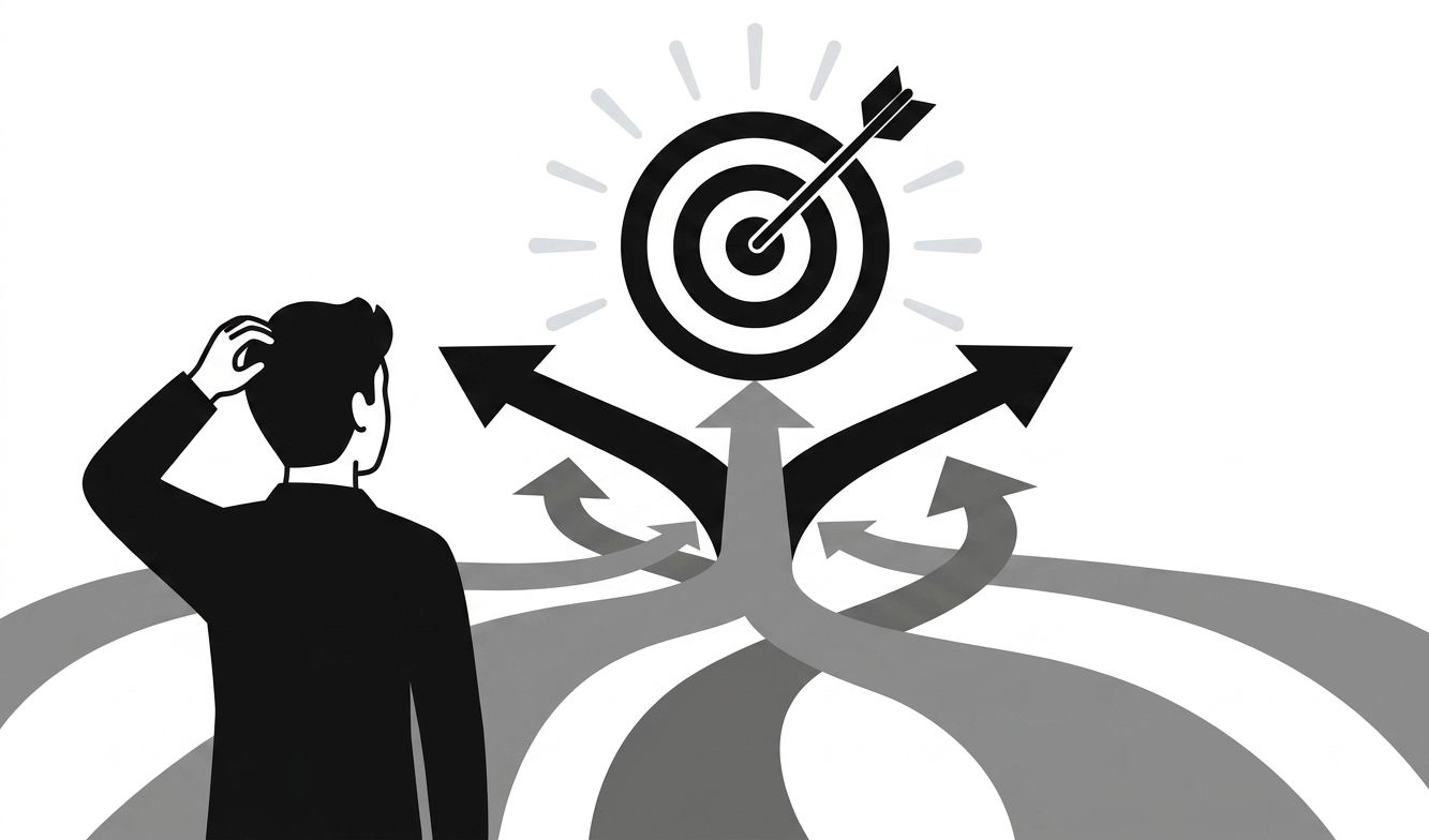 Product manager standing confused in front of multiple arrows pointing at a bullseye target, representing unclear product direction Product manager standing confused in front of multiple arrows pointing at a bullseye target, representing unclear product direction