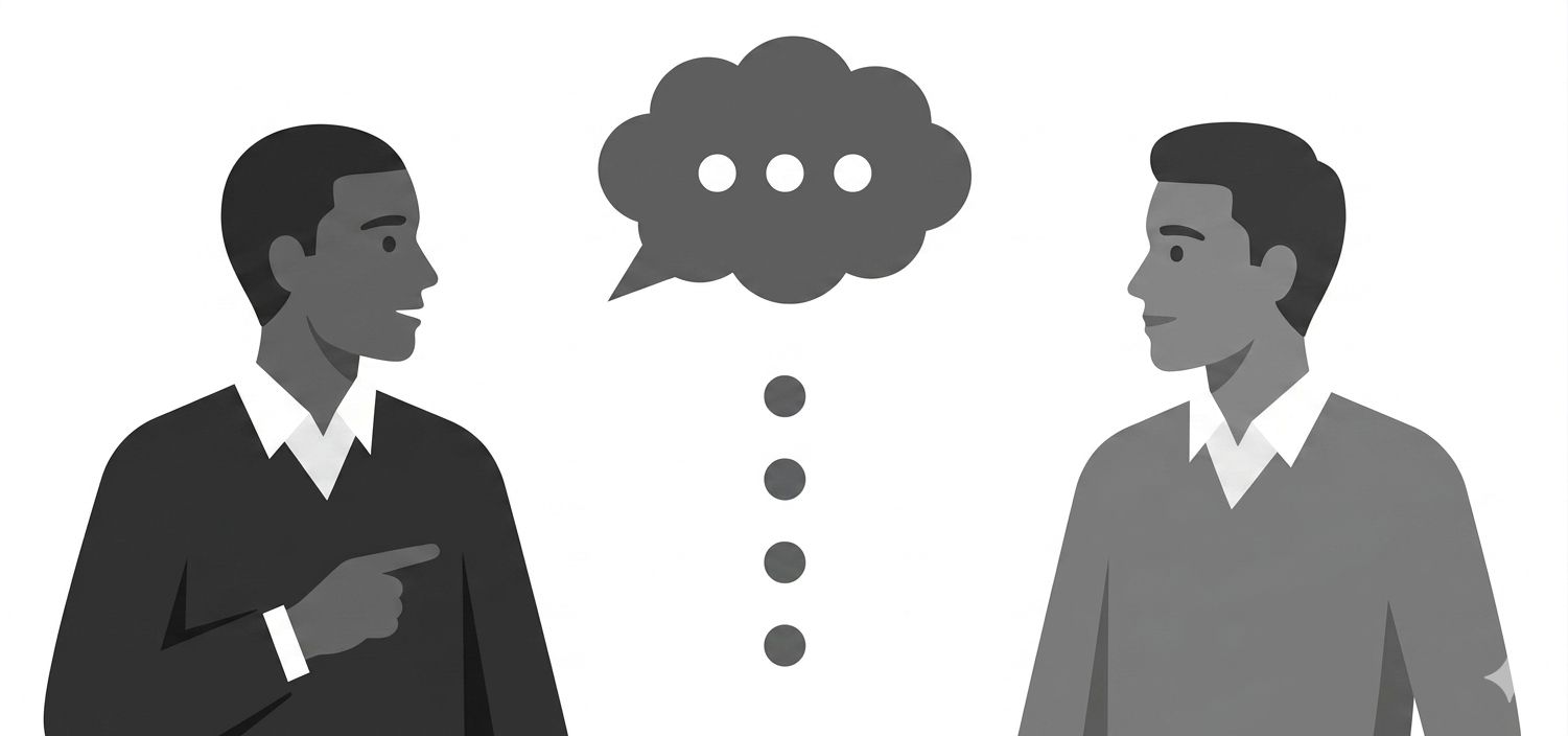 Two people in conversation with a thought bubble between them, illustrating the process of uncovering real user needs through dialogue Two people in conversation with a thought bubble between them, illustrating the process of uncovering real user needs through dialogue