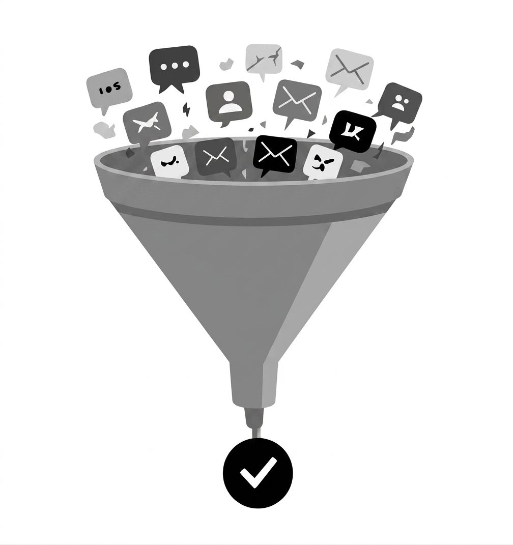 Funnel with many noisy chat and notification icons going in at the top, and a single checkmark coming out at the bottom Funnel with many noisy chat and notification icons going in at the top, and a single checkmark coming out at the bottom