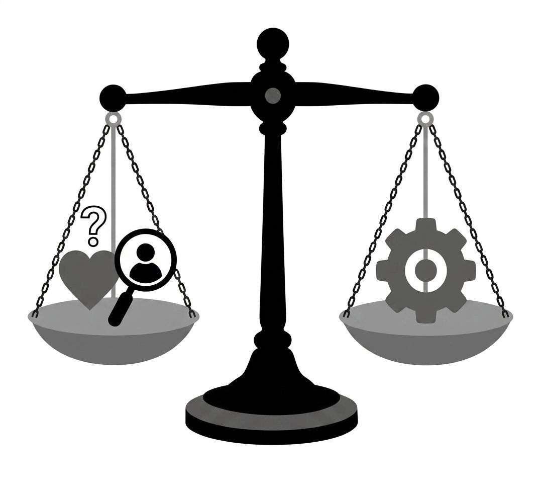 Scales weighing user wants and needs against product features, representing the balance between requests and real needs Scales weighing user wants and needs against product features, representing the balance between requests and real needs