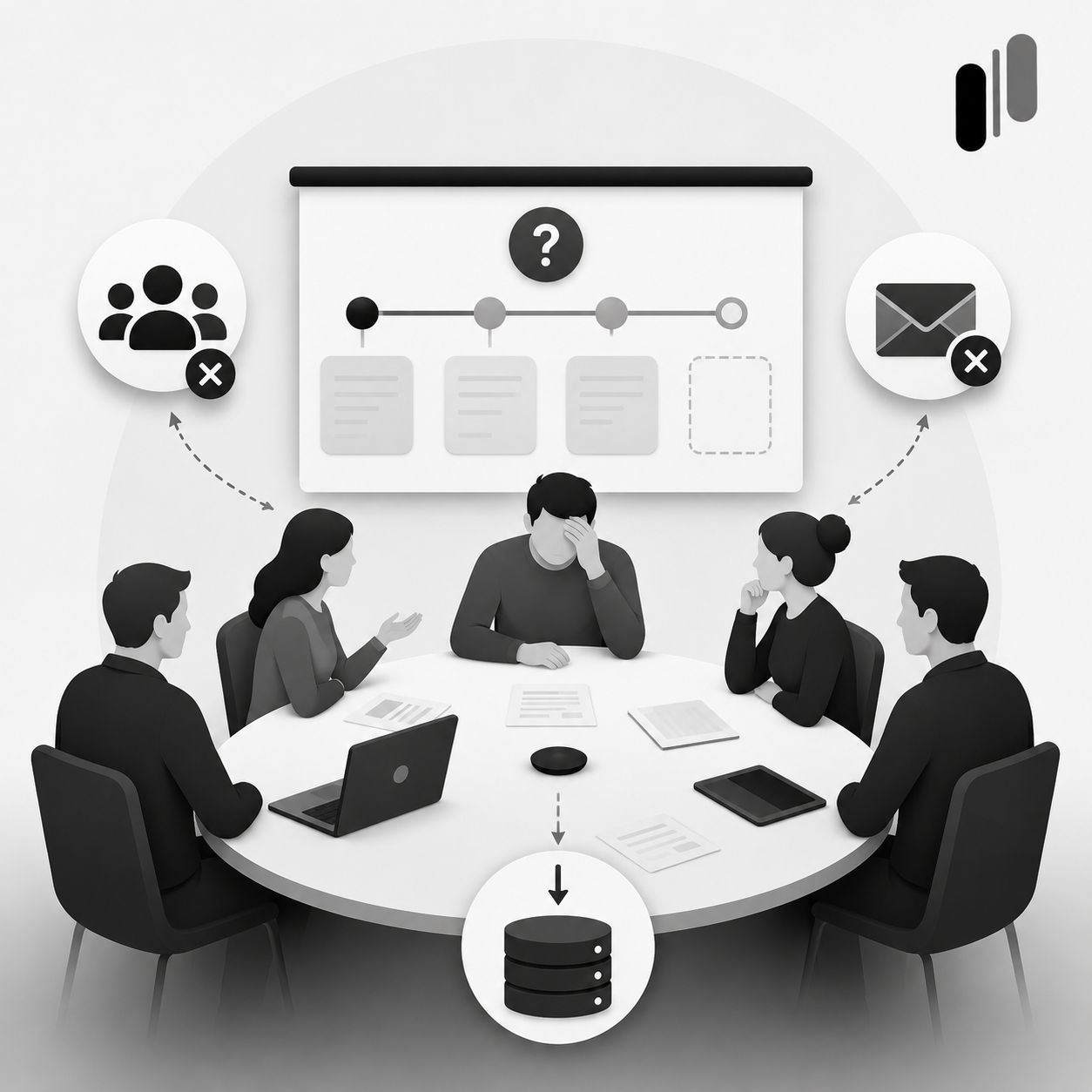 CAB meeting with a frustrated product manager, a roadmap full of question marks on screen, ignored team members, and feedback going straight into a database silo