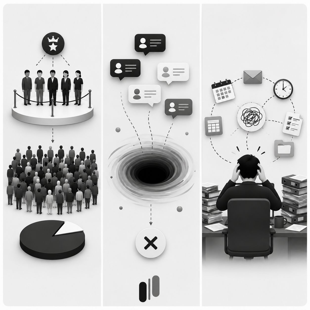 Three-panel illustration showing the CAB model's three critical flaws: sampling bias with VIP users vs. the broader crowd, the black hole effect where feedback disappears, and operational overhead from manual scheduling