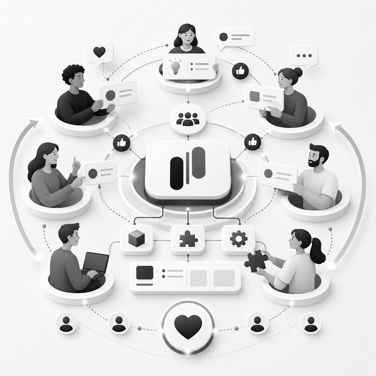 Diverse group of users arranged in a circle around a central MonkFeed hub, each contributing feedback, upvotes, and ideas — illustrating a community of active co-creators