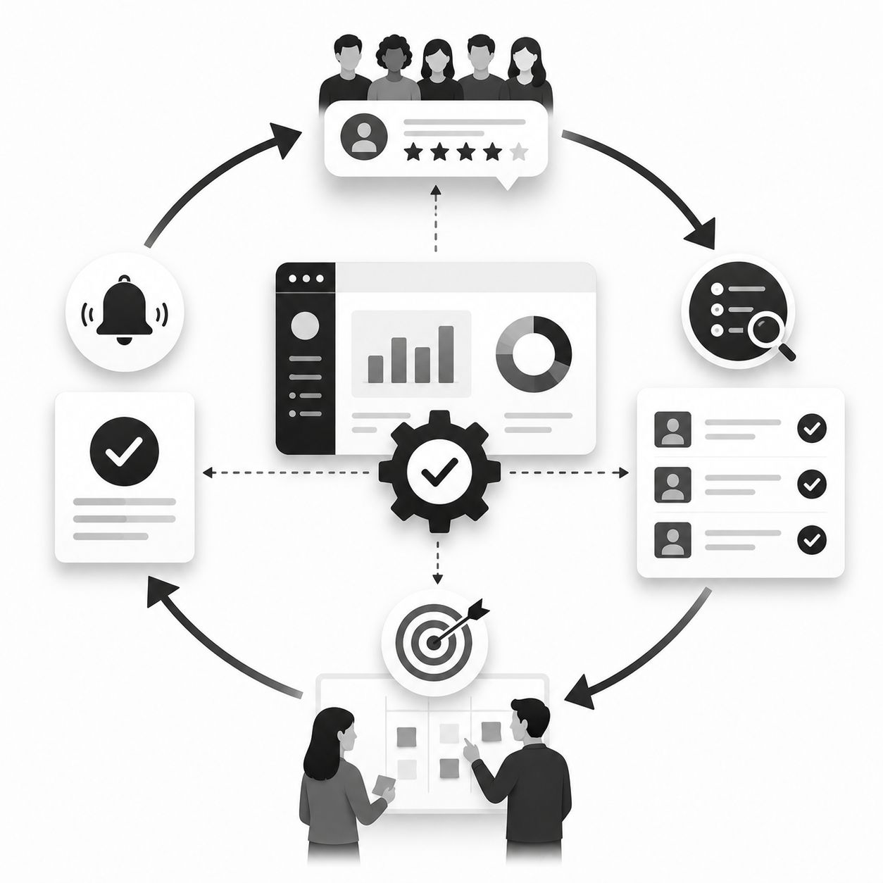 Circular diagram showing the full feedback lifecycle: users submit star-rated reviews, a dashboard analyzes and prioritizes, a team plans the roadmap, a gear processes the work, users get notified, and the cycle closes with a bell notification