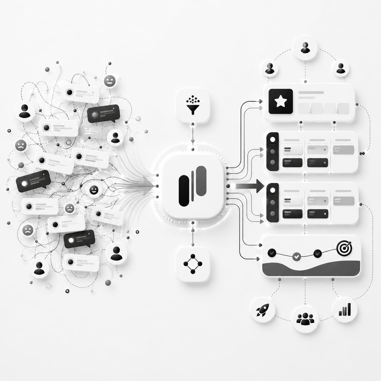 Chaotic scatter of feedback messages and user inputs on the left, flowing into MonkFeed which filters and outputs a structured, prioritized roadmap on the right