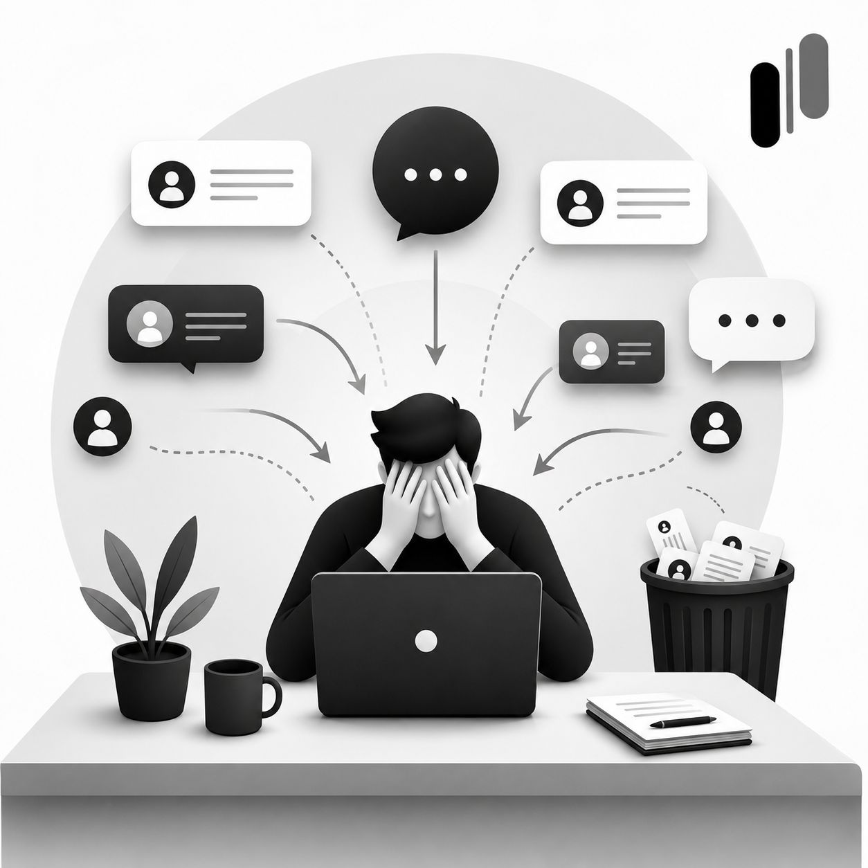Product manager overwhelmed at their desk with feedback messages piling up, symbolizing feedback fatigue from a broken Customer Advisory Board model