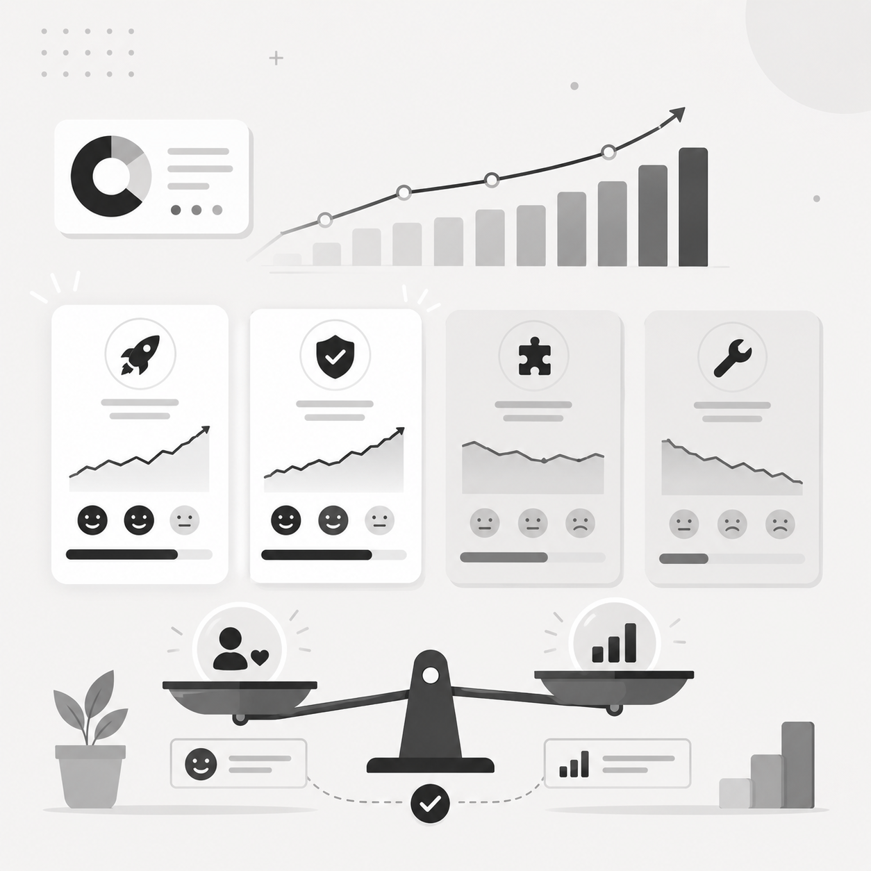 Dashboard showing a pie chart and growth bar chart above four scorecards labeled scale up, keep and promote, investigate, and fix, with a balance scale weighing user sentiment against growth metrics