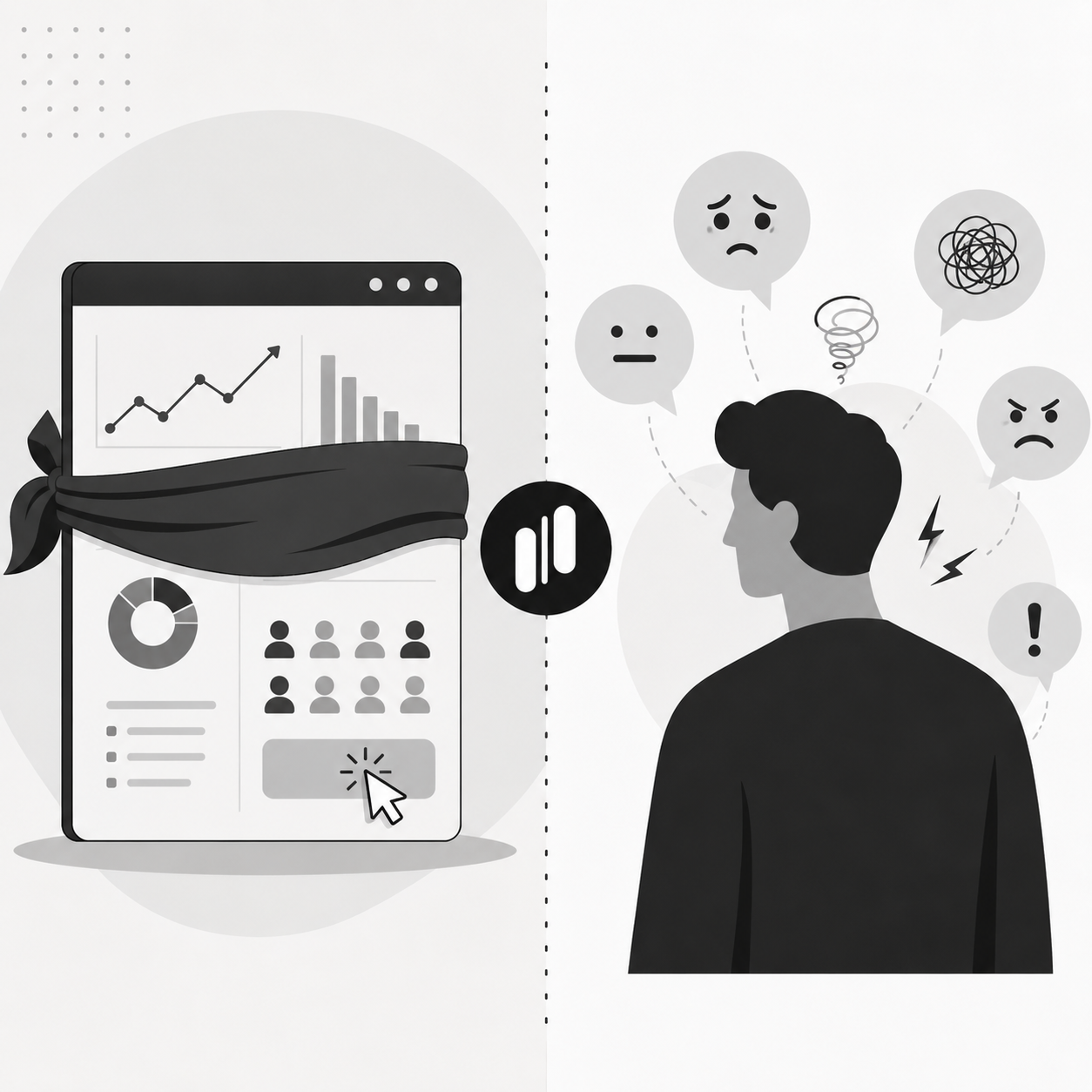 Split illustration of a blindfolded analytics dashboard with charts and graphs on the left, and a frustrated user surrounded by confused and angry emoji reactions on the right