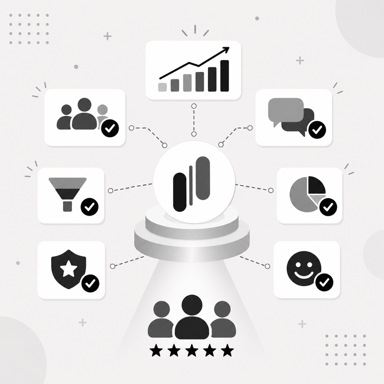 A central MonkFeed icon connected to eight metric cards covering audience, chat, funnel, pie chart, shield, sentiment, growth chart, and filtering, with a spotlighted crowd of five-star users below