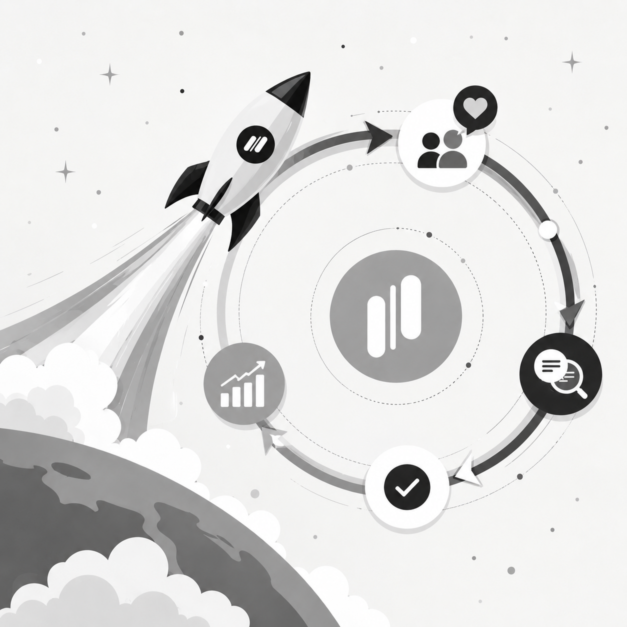 Rocket launching from a planet inside a circular cycle diagram with icons for users, feedback search, validation checkmark, and growth, orbiting a central MonkFeed logo