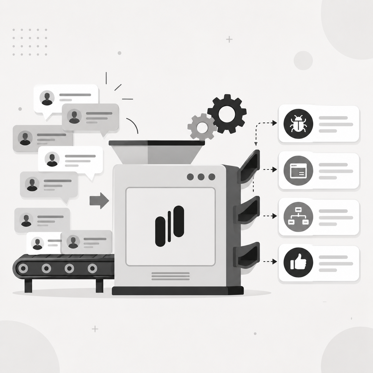 A sorting machine on a conveyor belt taking in a stream of user comment bubbles and sorting them into four labeled output cards: bug, UX issue, workflow, and thumbs up