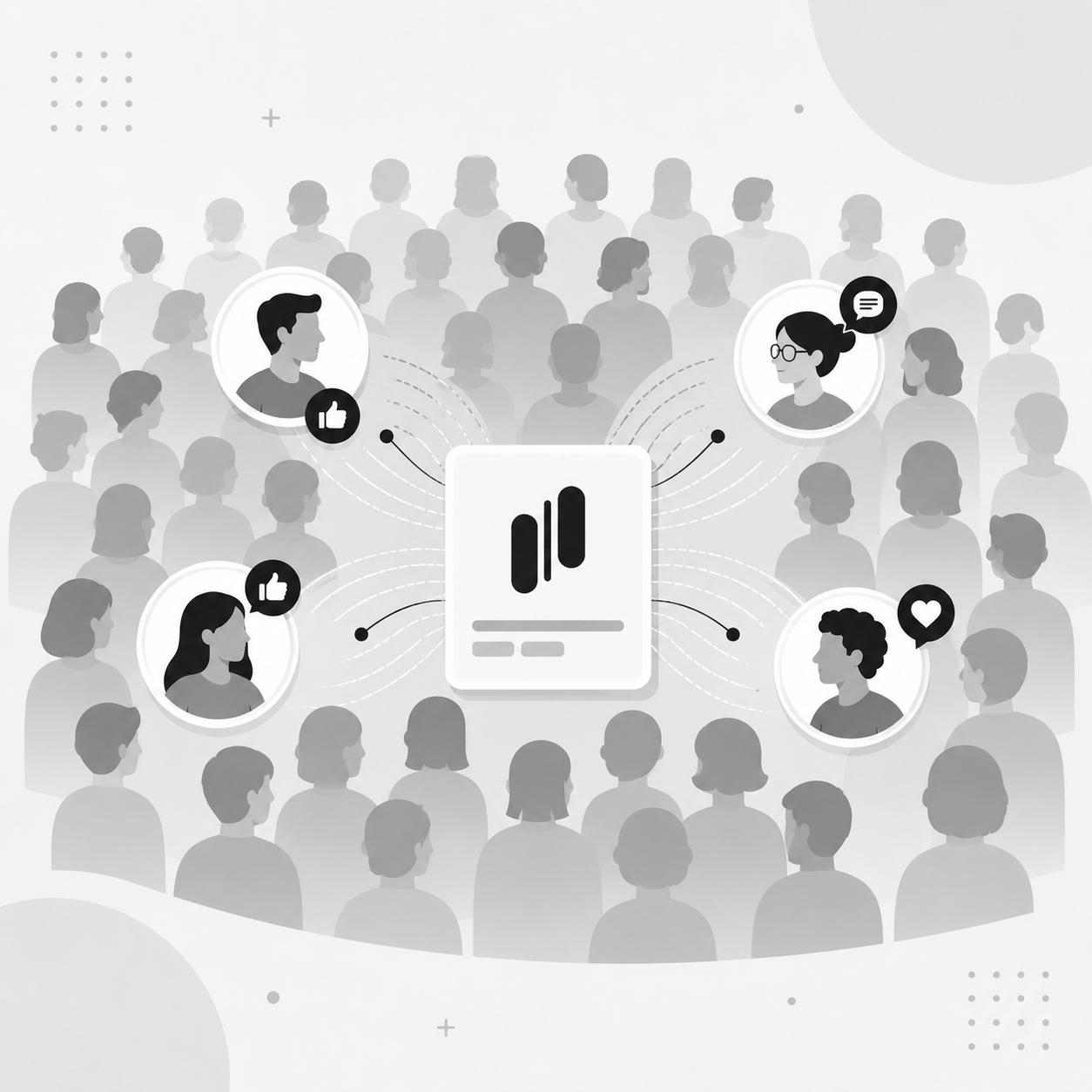 A large crowd of silhouetted people with four individual users highlighted in the center, each reacting with a thumbs up, comment, or heart around a central feedback card