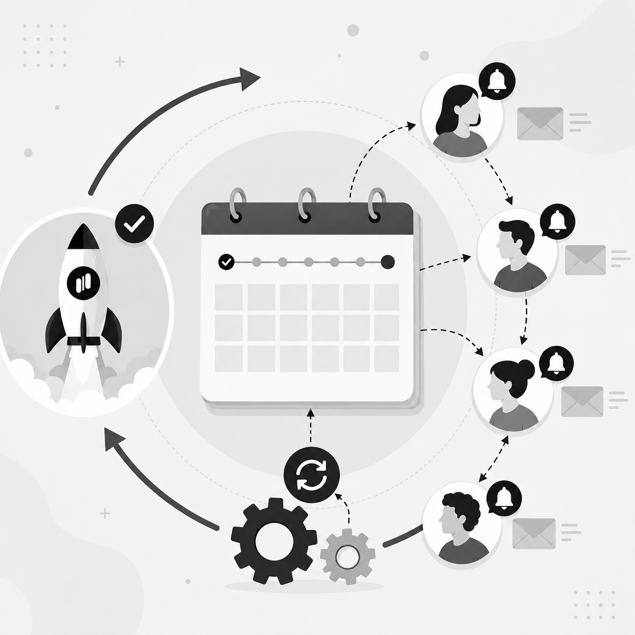 Diagram showing a rocket launch connected to a 14-day calendar timeline, which triggers notification bells and emails to four individual users