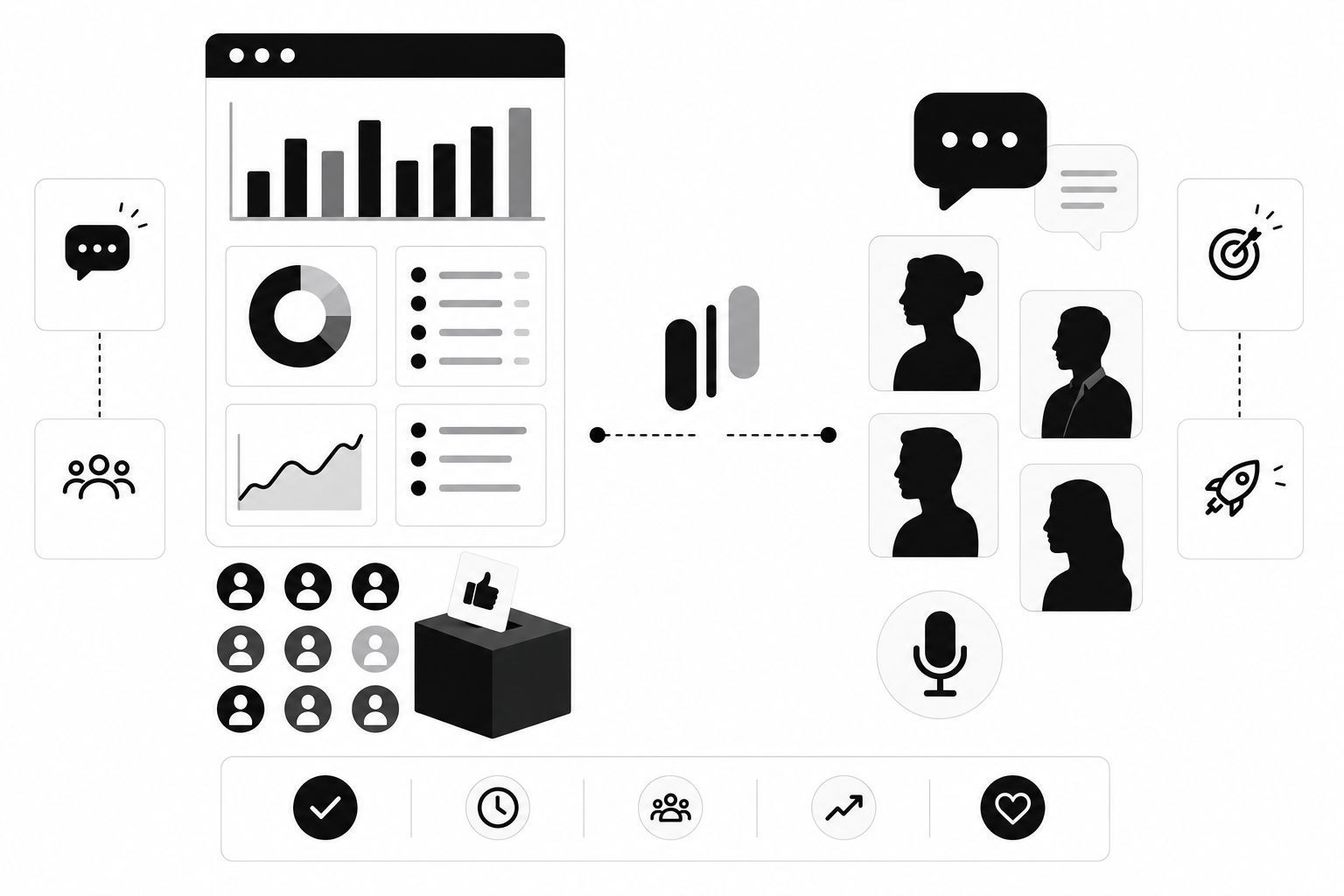 Split illustration comparing a quantitative analytics dashboard on the left with qualitative user interview avatars and chat bubbles on the right, connected by a comparison toggle Split illustration comparing a quantitative analytics dashboard on the left with qualitative user interview avatars and chat bubbles on the right, connected by a comparison toggle