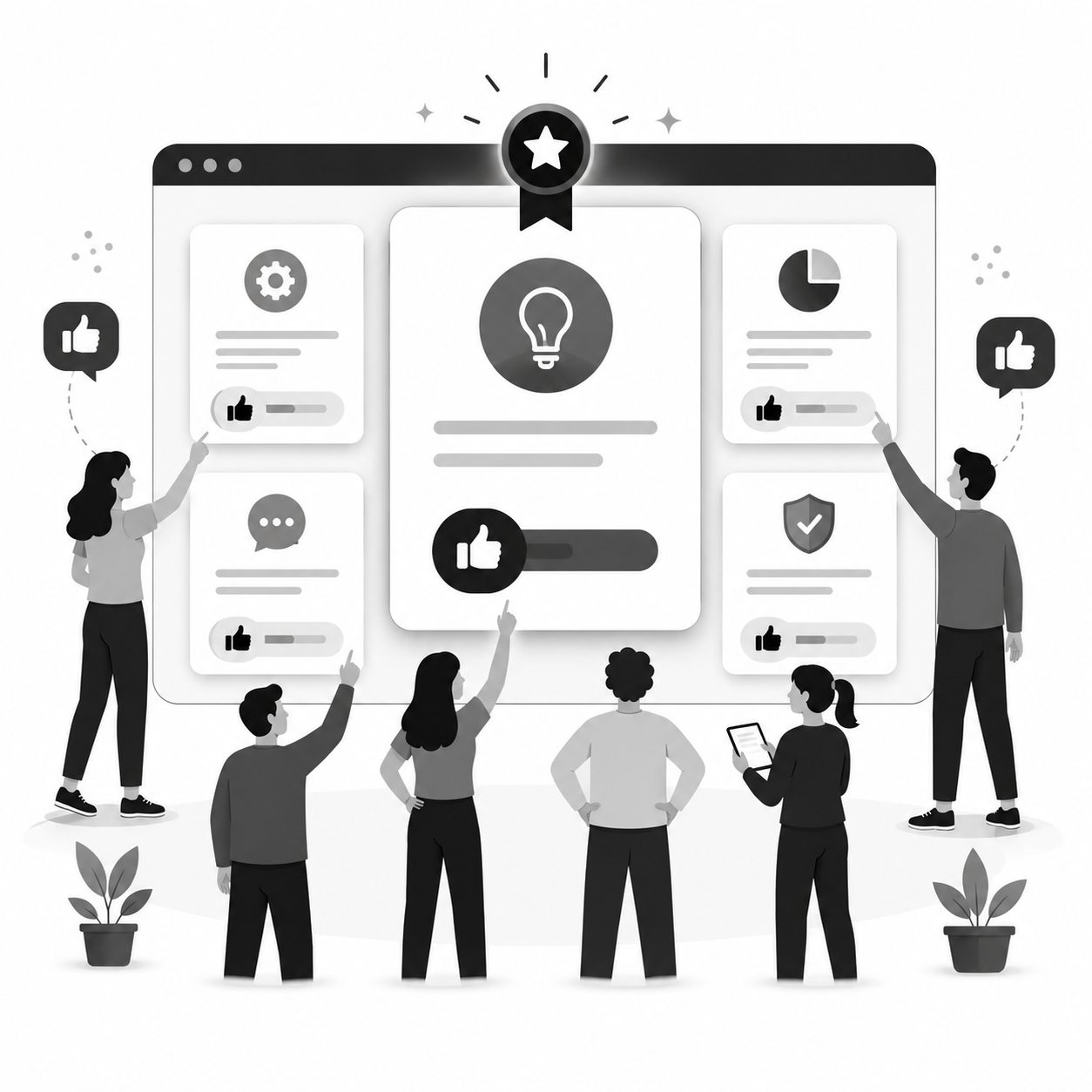 Crowd of people pointing at feedback cards on a screen with a star badge and central thumbs-up icon