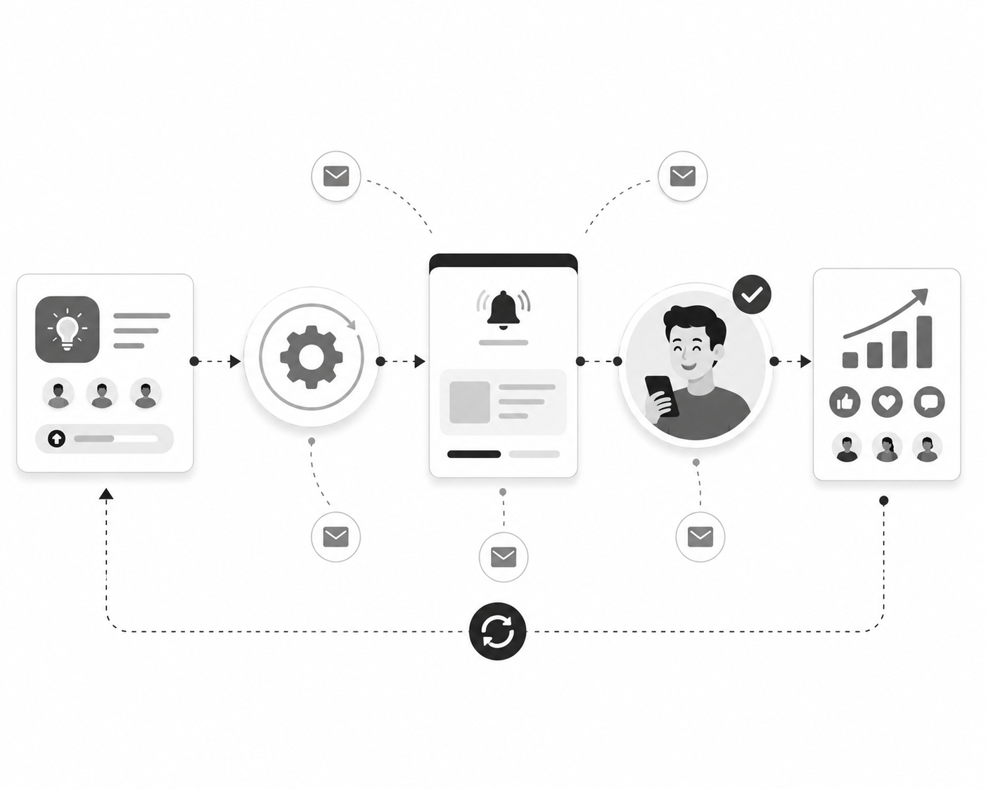 Automation chain showing a feature card moving through a gear icon to a notification bell, then to a notified user and a growth chart