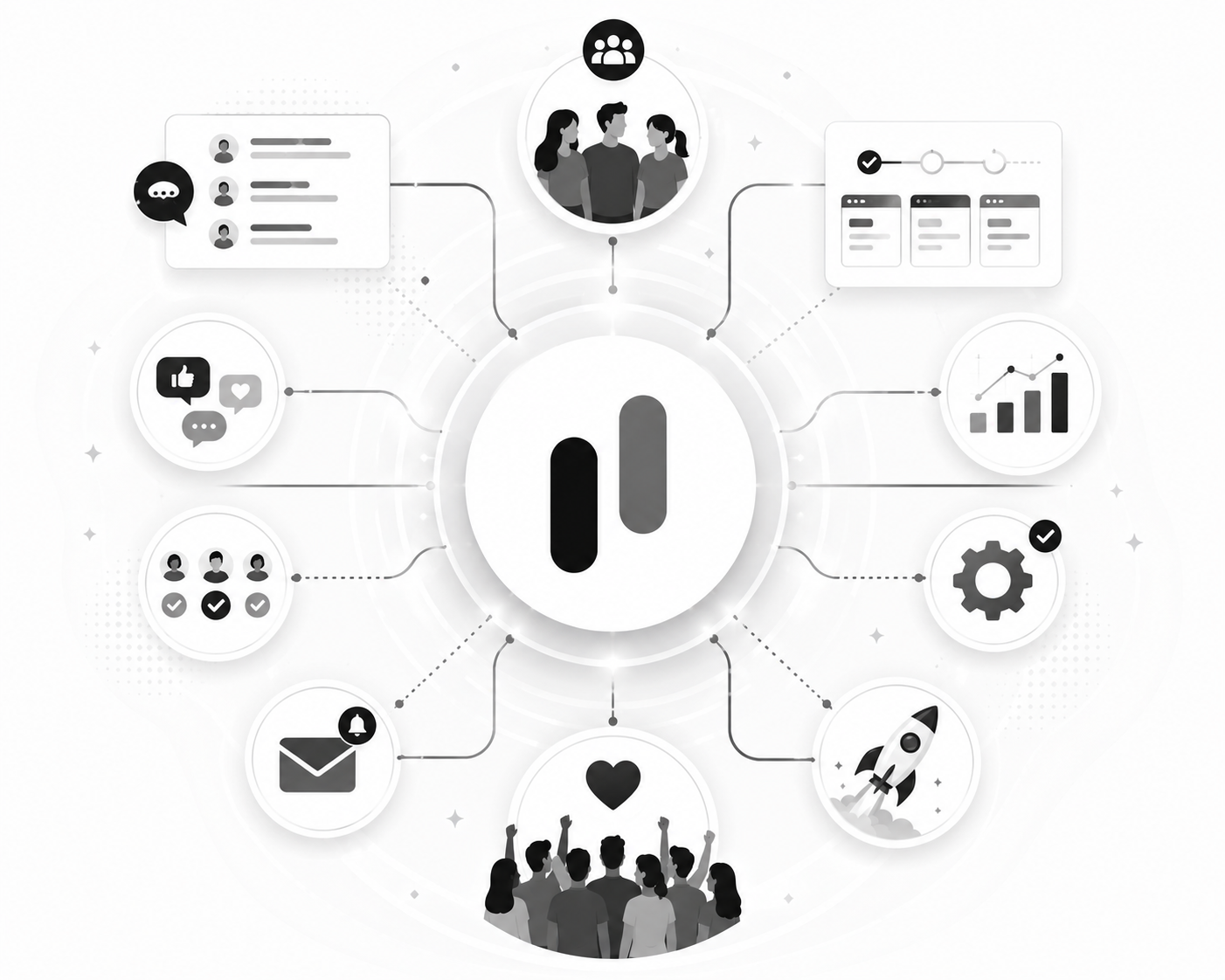 Central MonkFeed hub connected to community, roadmap status, analytics, automation settings, rocket launch, notifications, and a cheering crowd