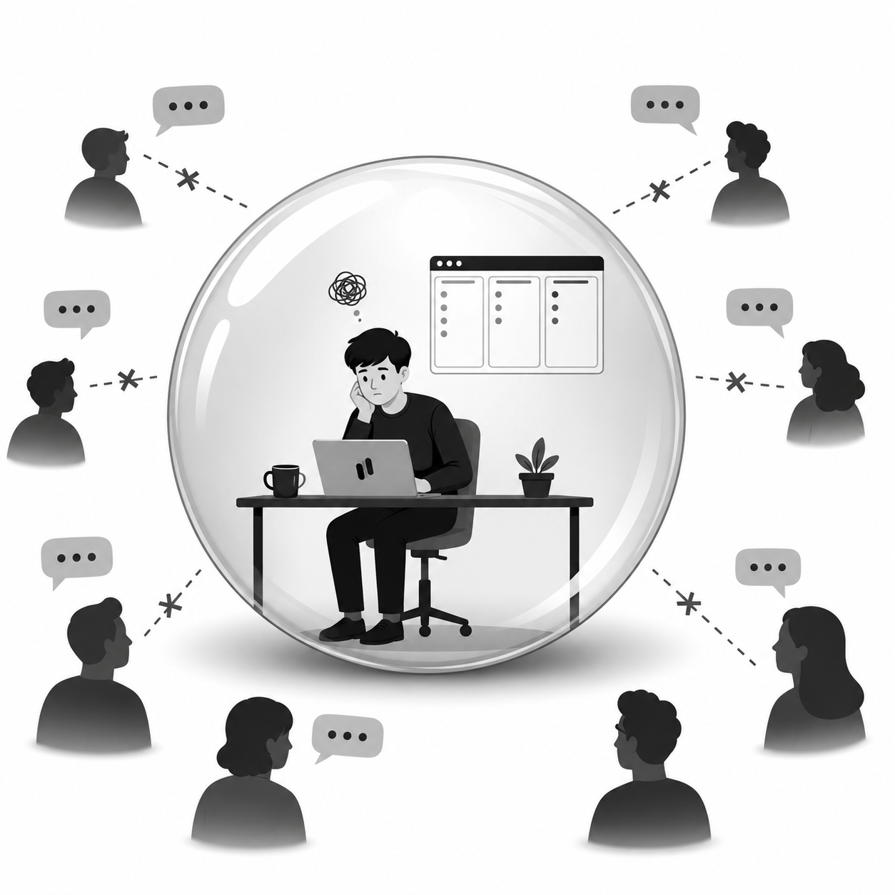 Solo founder sitting alone at a desk inside a glass bubble, disconnected from surrounding users whose messages are crossed out