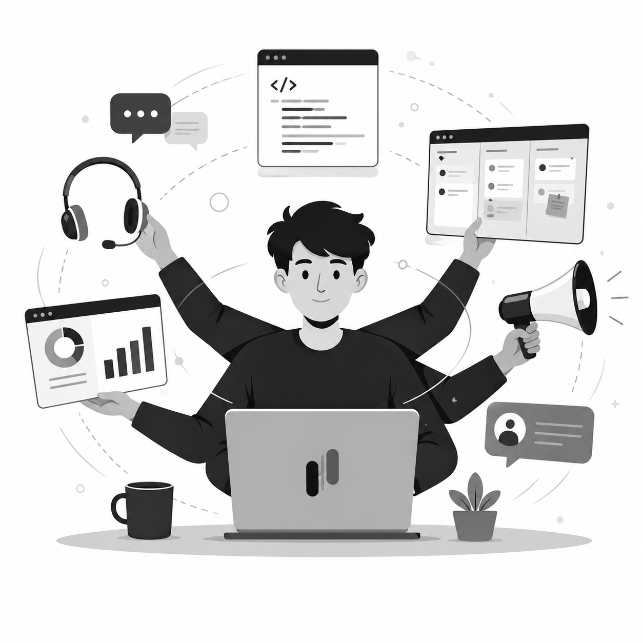 Illustration of a solo founder with four arms juggling customer support, code, a kanban board, analytics, and marketing at a laptop
