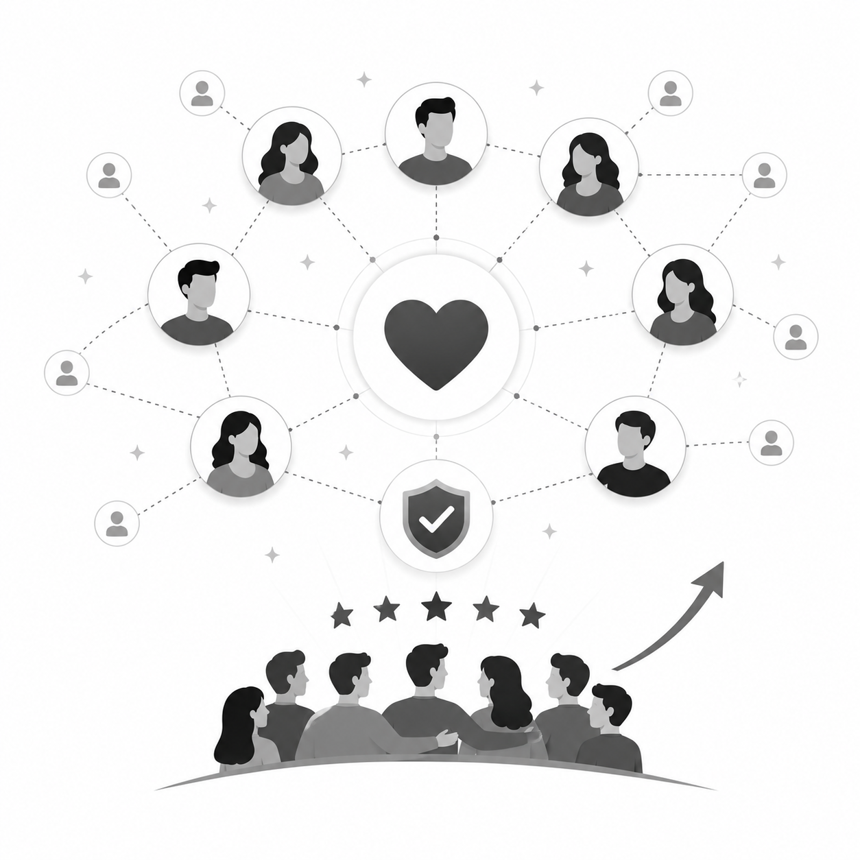 Network of users connected around a central heart icon and a shield checkmark, with a crowd cheering below a rising star rating