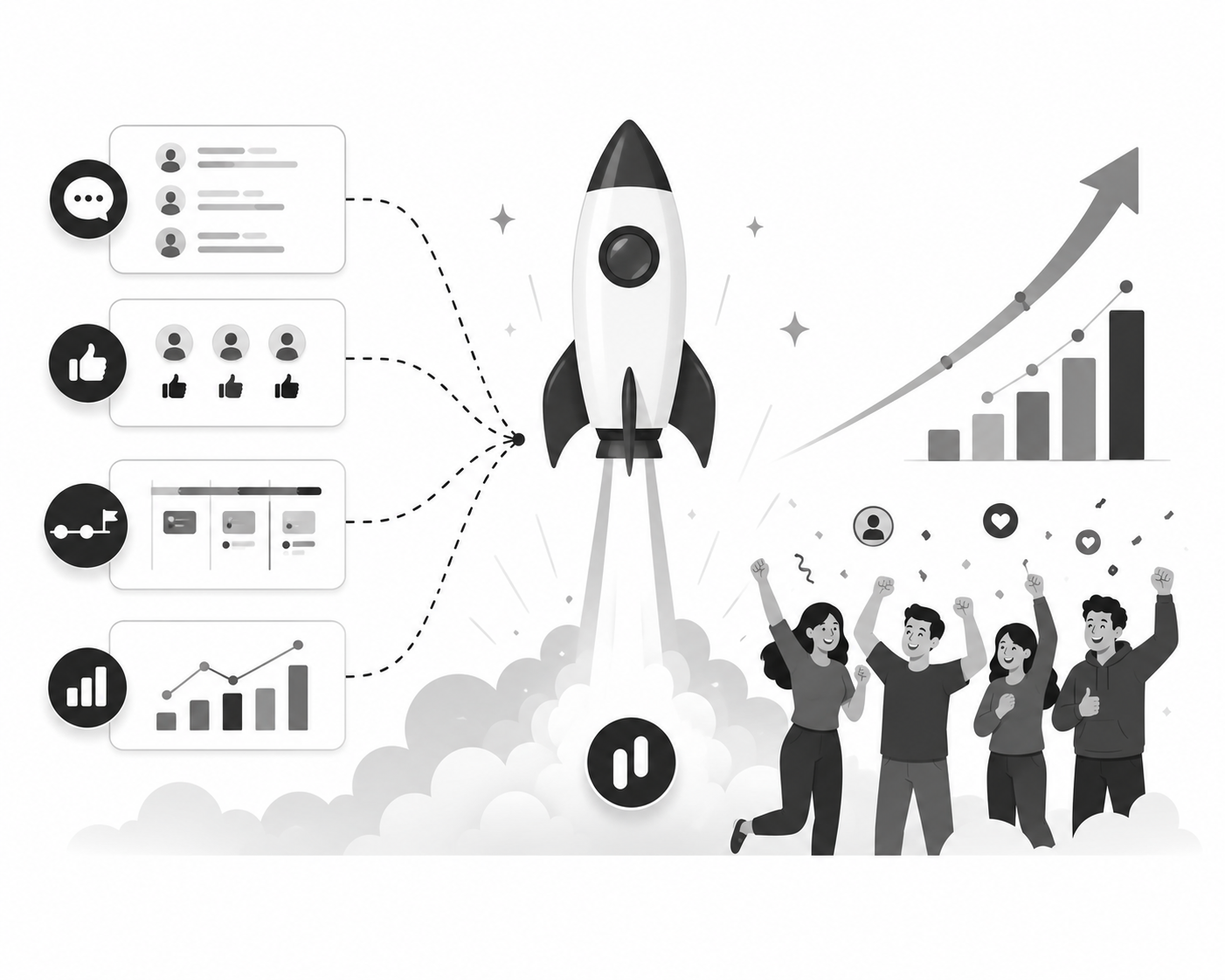 Rocket launching upward fed by feedback, votes, roadmap, and analytics panels, with a team celebrating below a rising growth chart