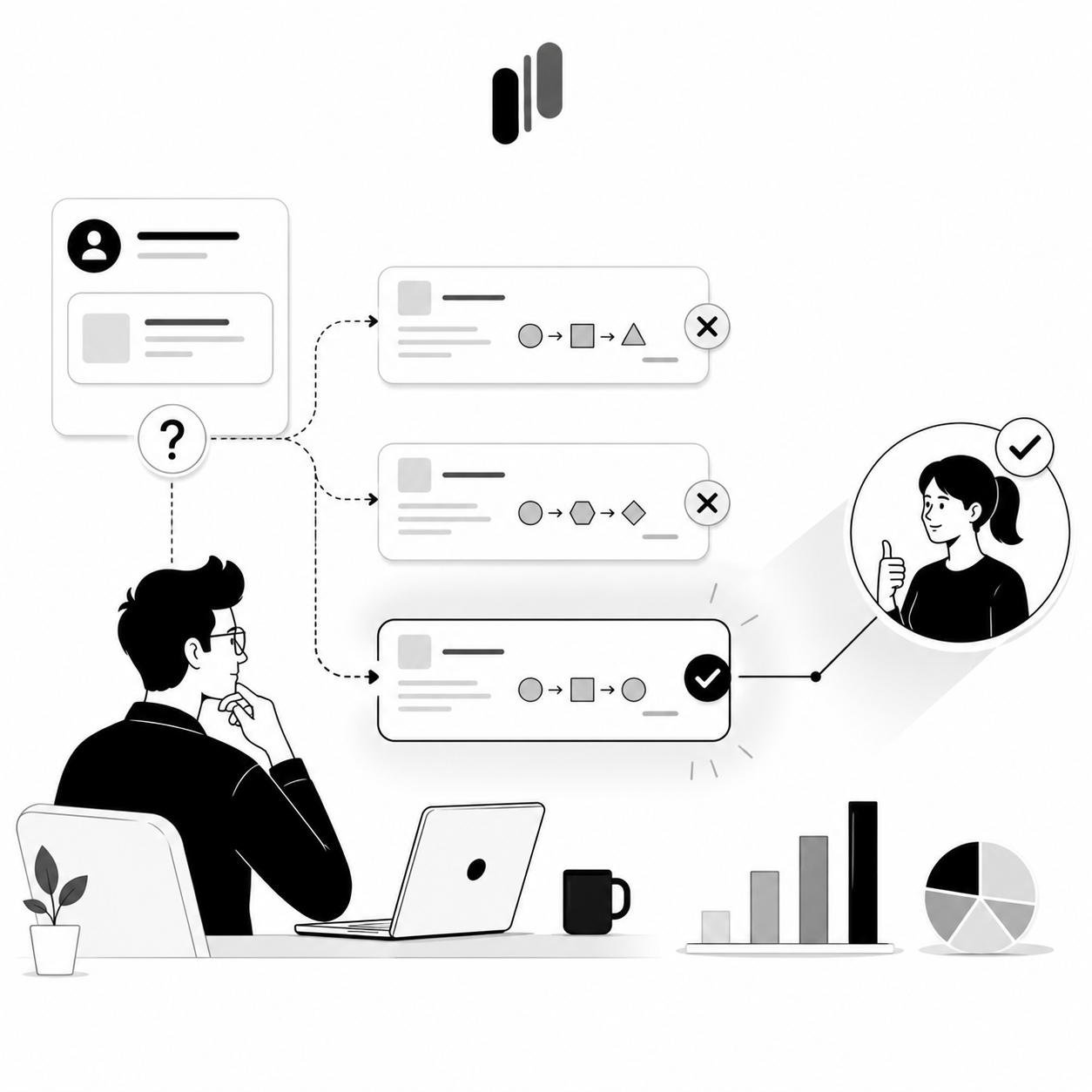 A person weighing three possible solutions, selecting the correct one which is then validated by a happy user with a thumbs up A person weighing three possible solutions, selecting the correct one which is then validated by a happy user with a thumbs up