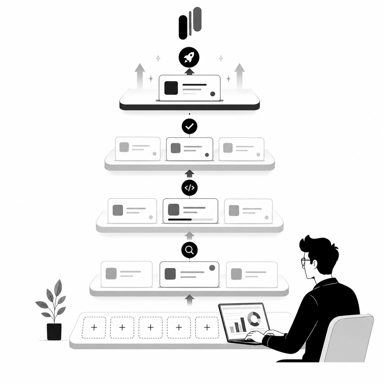 A stack of feedback cards funneling upward through filtering stages to a validated launch, with a person working at a laptop nearby A stack of feedback cards funneling upward through filtering stages to a validated launch, with a person working at a laptop nearby