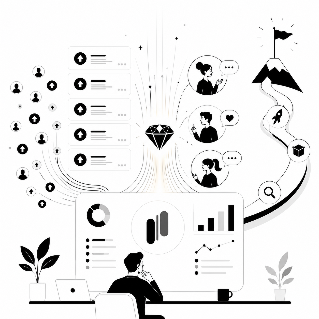 A diamond formed from voting data on one side and user interview conversations on the other, connecting to a flagged mountain peak goal A diamond formed from voting data on one side and user interview conversations on the other, connecting to a flagged mountain peak goal