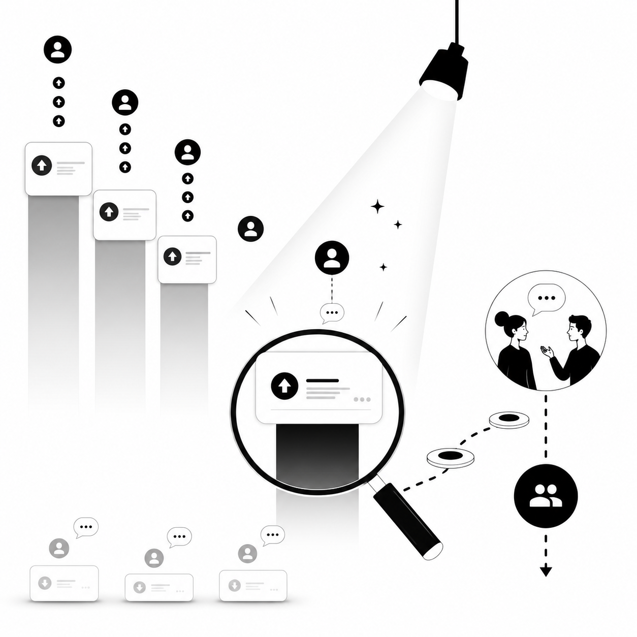 Bar chart of declining vote counts with a magnifying glass zooming in on one specific feedback card, connecting to two people in conversation Bar chart of declining vote counts with a magnifying glass zooming in on one specific feedback card, connecting to two people in conversation