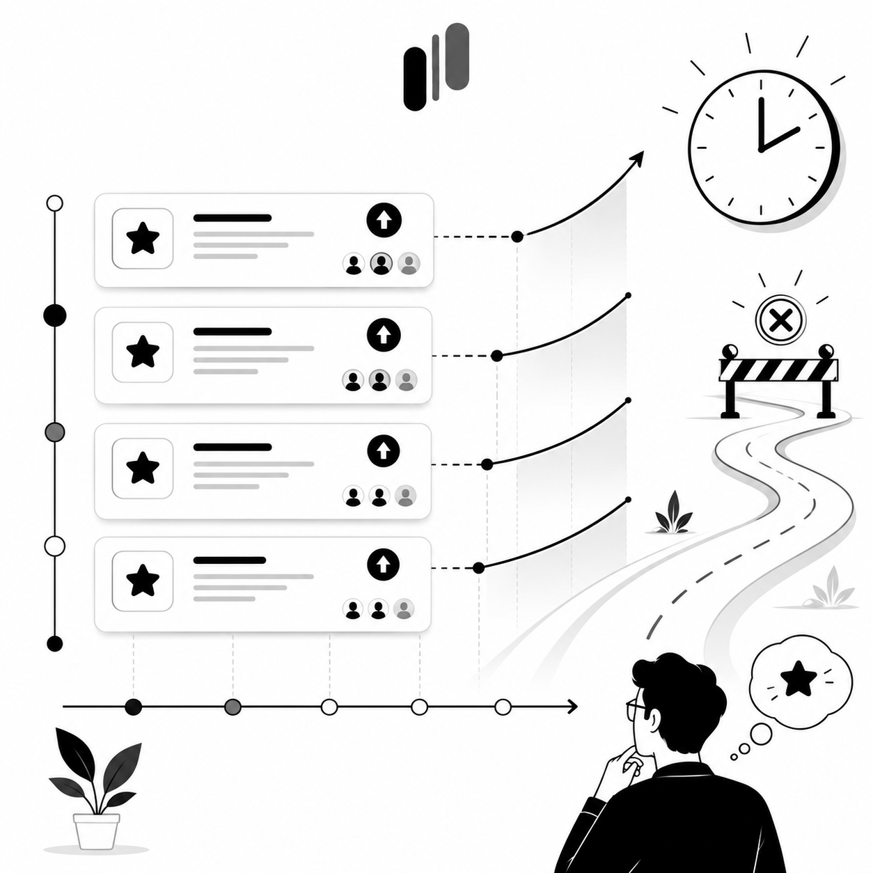 Timeline of starred feature cards steadily gaining votes over time, leading toward a road with a barrier and a person thinking with a clock nearby Timeline of starred feature cards steadily gaining votes over time, leading toward a road with a barrier and a person thinking with a clock nearby