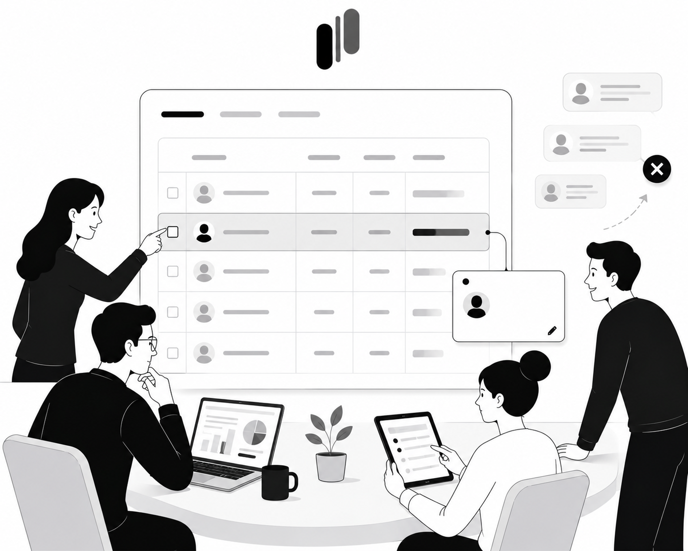 A team reviewing a table of feedback items, selecting and highlighting one specific row while editing its details on a connected profile card A team reviewing a table of feedback items, selecting and highlighting one specific row while editing its details on a connected profile card