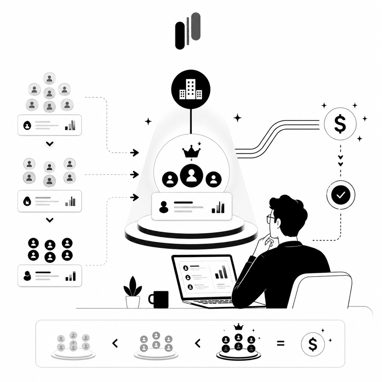 Pyramid of user avatars segmented into tiers, narrowing up to a crowned VIP group on a podium connected to a dollar sign Pyramid of user avatars segmented into tiers, narrowing up to a crowned VIP group on a podium connected to a dollar sign
