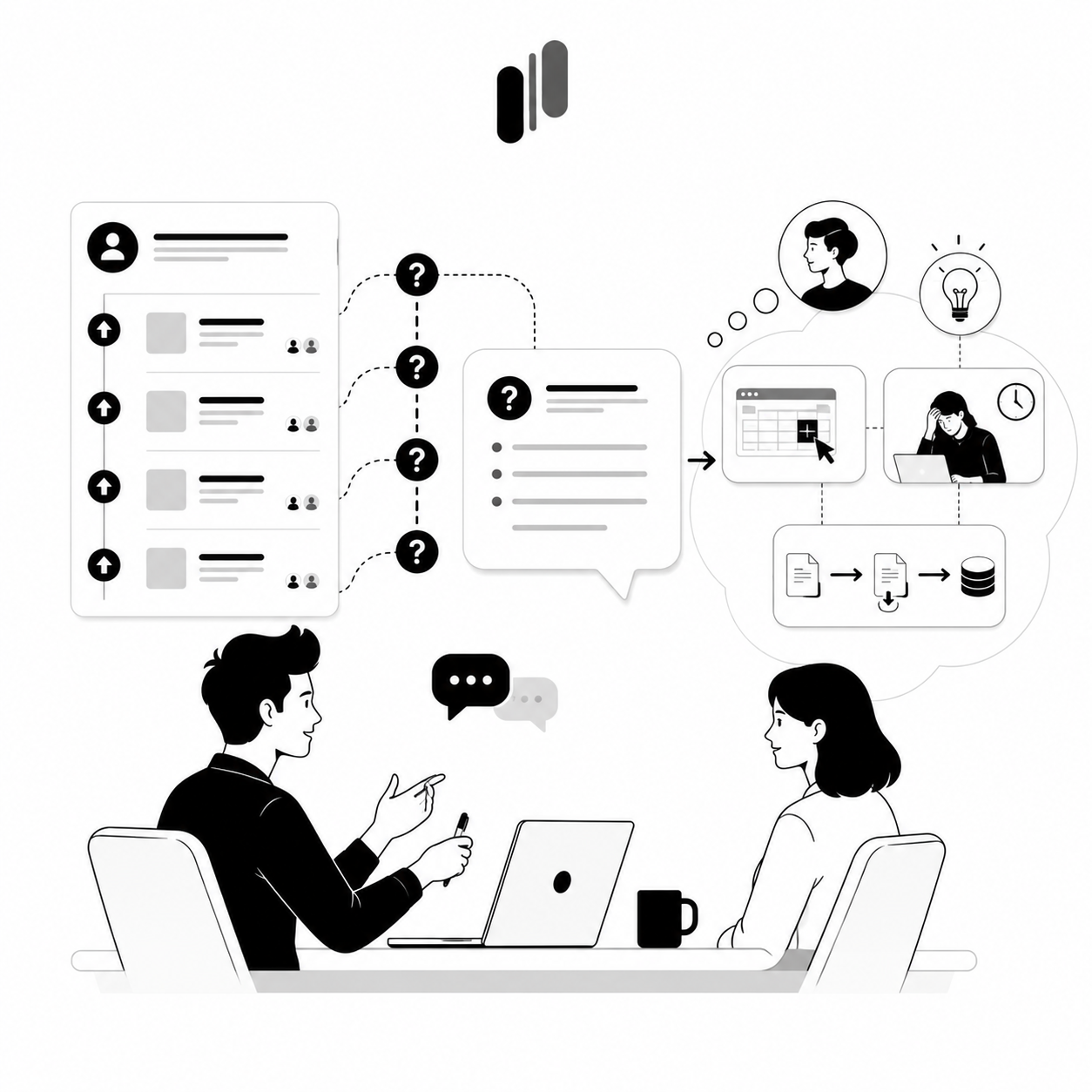 A list of upvoted feedback items connected through question marks to a thought bubble containing a calendar, a frustrated user at a laptop with a clock, and a document workflow diagram A list of upvoted feedback items connected through question marks to a thought bubble containing a calendar, a frustrated user at a laptop with a clock, and a document workflow diagram